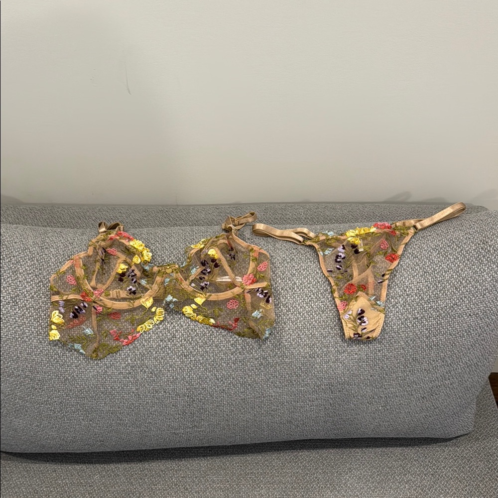 For Love And Lemons Floral Embroidered Lingerie Set - Tan and Multicolor
